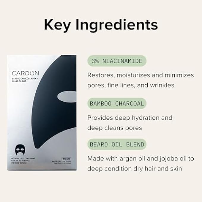 Cardon FACE MASK FOR BEARDED MEN | KOREAN SHEET MASK FOR MEN | BAMBOO CHARCOAL FACIAL MASK AND BEARD OIL | 4-PACK - Image 2